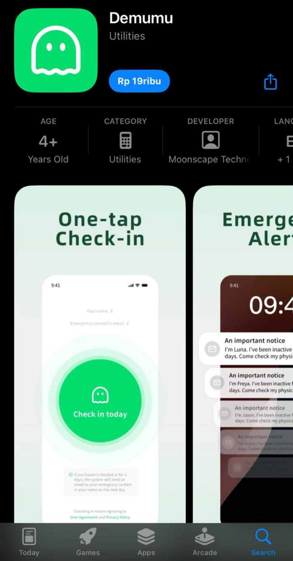 APLIKASI VIRAL - Tangkap layar tampilan aplikasi Demumu di App Store. Aplikasi keamanan viral di China karena membantu memantau kondisi orang yang tinggal sendirian dengan sistem tombol kehadiran setiap 48 jam.
