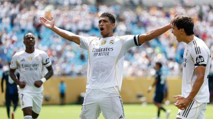 SELEBRASI MADRID - Pemain Real Madrid Jude Bellingham merayakan gol ke gawang Pachuca pada matchday kedua grup H Piala Dunia Antarklub di Bank of America Stadium, Senin (23/6/2025). (Website Madrid - 23/6/2025)
