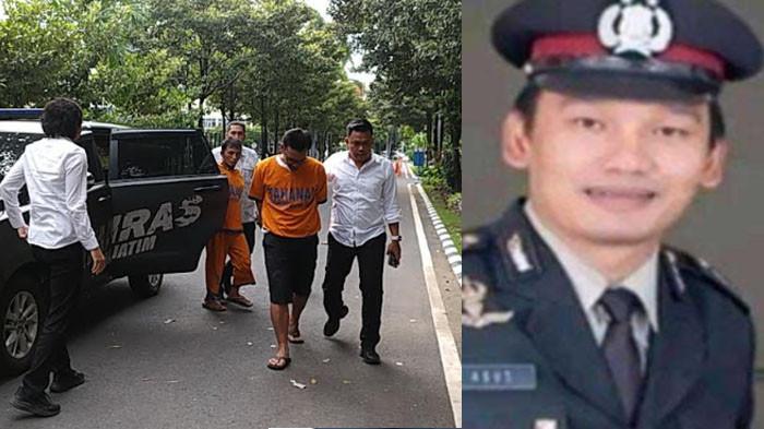 TERSANGKA - Bripka Agus Saleman, Anggota Polres Probolinggo, tersangka pembunuhan FAN (21) sang adik berstatus mahasiswi di Pasuruan yang berhasil ditangkap Tim Jatanras Polda Jatim, saat dibawa ke Gedung Ditreskrimum Mapolda Jatim, pada Senin (22/12/2025) sore.