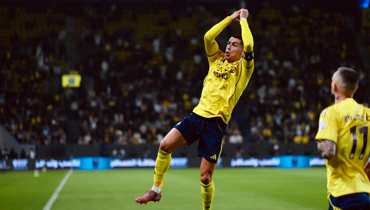 SELEBRASI RONALDO - Bintang Al Nassr, Cristiano Ronaldo sedang merayakan gol saat pertandingan melawan Al Okhdood pada pekan ke-11 Liga Arab Saudi di Al-Awwal Park, Jeddah, Sabtu (27/12/2025) malam WIB. Al Nassr berhasil menang telak 3-0.