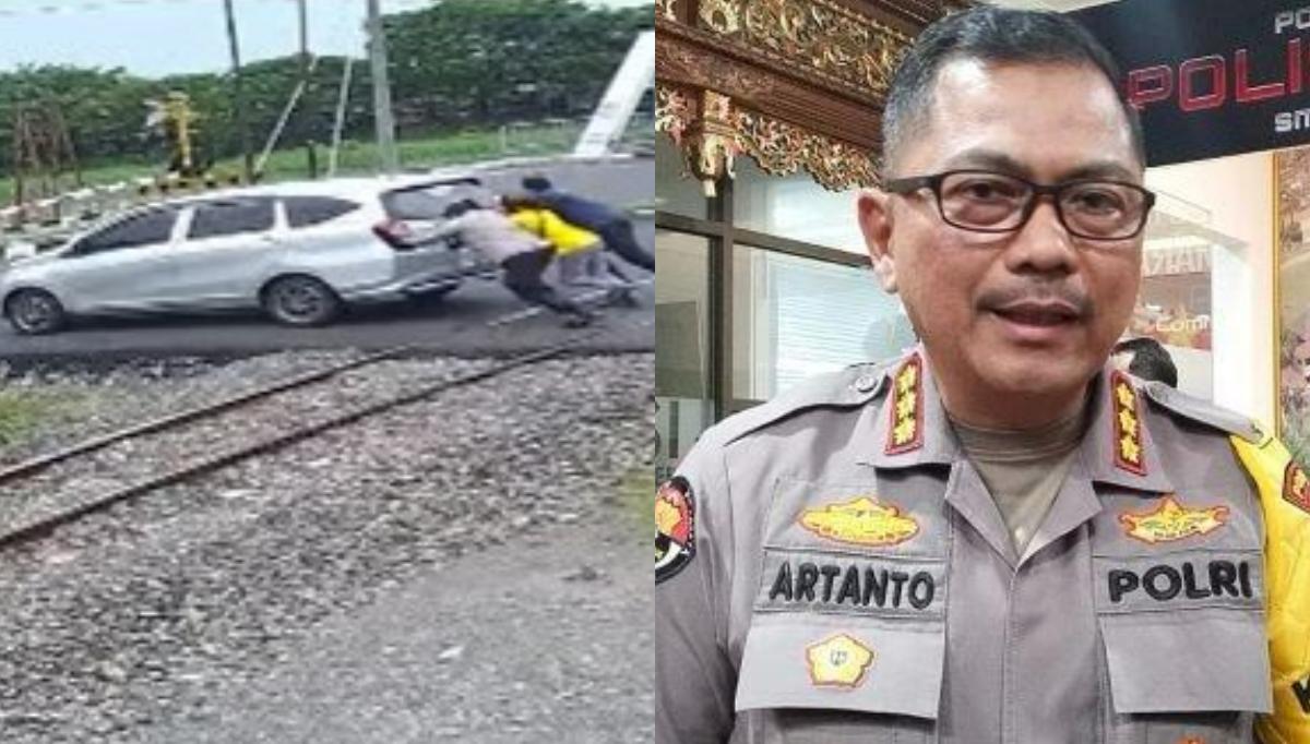 AKSI HEROIK POLISI - (Kiri) aksi heroik di lakukan  Kabid Humas Polda Jawa Tengah Kombes Pol Artanto di tengah perlintasan kereta api Jalan Madukoro Raya, Kota Semarang, Selasa (13/1/2026) siang dan (Kanan) Foto Kombes Pol Artanto.