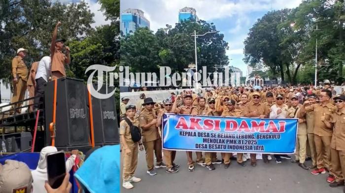 DEMO KADES REJANG LEBONG - Kolase foto Kades Cahaya Negeri, Rejang Lebing, Aspon saat beorasi di Jakarta, Senin 8 Desember 2025 (kiri) dan kades se-Rejang Lebong yang ikut aksi (kanan). Puluhan kepala desa dari Kabupaten Rejang Lebong turut bergabung dalam aksi nasional di Jakarta.
