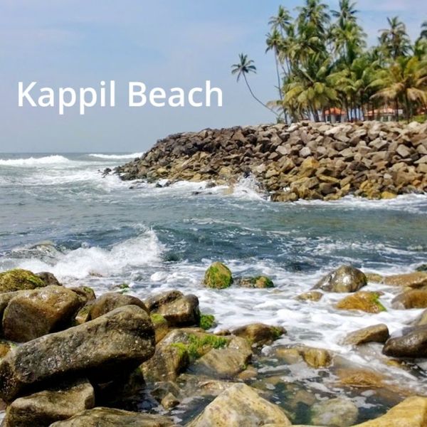 This may contain: the words kappil beach are overlaid by rocks and water with palm trees in the background