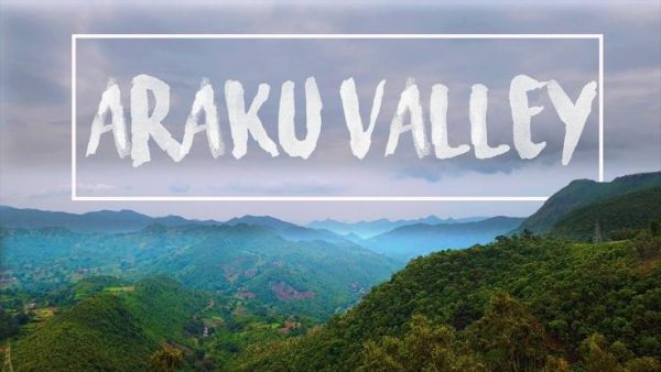 This may contain: the words arau valley written in white over a scenic view of mountains and valleys