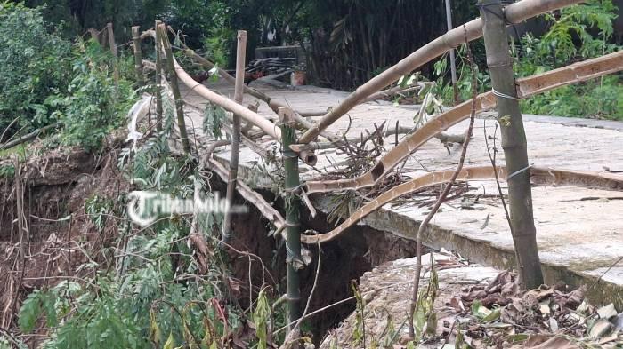 RAWAN LONGSOR - Kondisi jalan di Desa Kecik, Kecamatan Tanon, Kabupaten Sragen yang longsor tergerus erosi Sungai Bengawan Solo, Jumat (16/1/2026). Kondisi tersebut membuat warga setempat merasa takut dan waswas saat melintas.