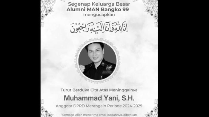 Anggota DPRD Merangin atas nama Muhammad Yani meninggal dunia usai kecelakaan di wilayah Kabupaten Sarolangun pada Kamis (15/1/2026) malam