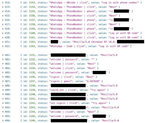 a stream of exposed records from the attacker's server, showing reams of attack-flow data, such as sign-ins and the entering of passwords on the phishing page