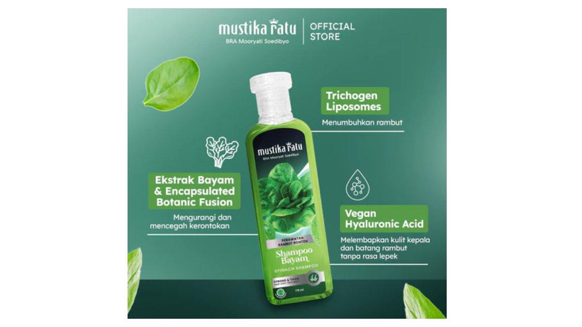 Ilustrasi kandungan utama dan manfaat dari Mustika Ratu Shampoo Bayam