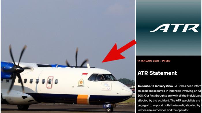 Kolase foto pesawat dan tangkapan layar website resmi manajemen pabrikan pesawat ATR 42-500 di Toulouse, Perancis, Minggu (18/1/2026) hari ini. Pihaknya segera mengirim tim teknisi spesialis insiden ke pegunungan Bulusaraung (1.535 mdpl) di perbatasan tiga kabupaten di Sulsel