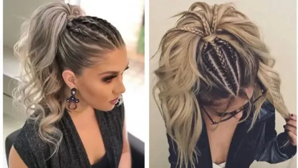 woman showing braided high ponytail from two different angles