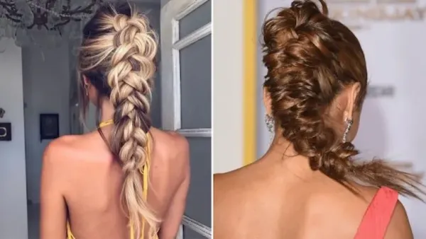 collage of two woman showing messy braided ponytail