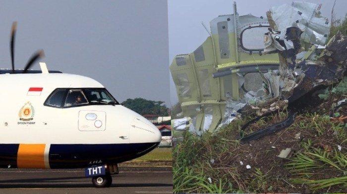 TRAGEDI - Kolase foto pesawat ATR 42-500 dengan nomor registrasi PK-THT milik maskapai Indonesia Air Transport (IAT) saat berada di landasan (kiri) dan serpihan badan pesawat yang ditemukan hancur di Pegunungan Bulusaraung, Kabupaten Pangkep, Minggu (18/1/2026).
