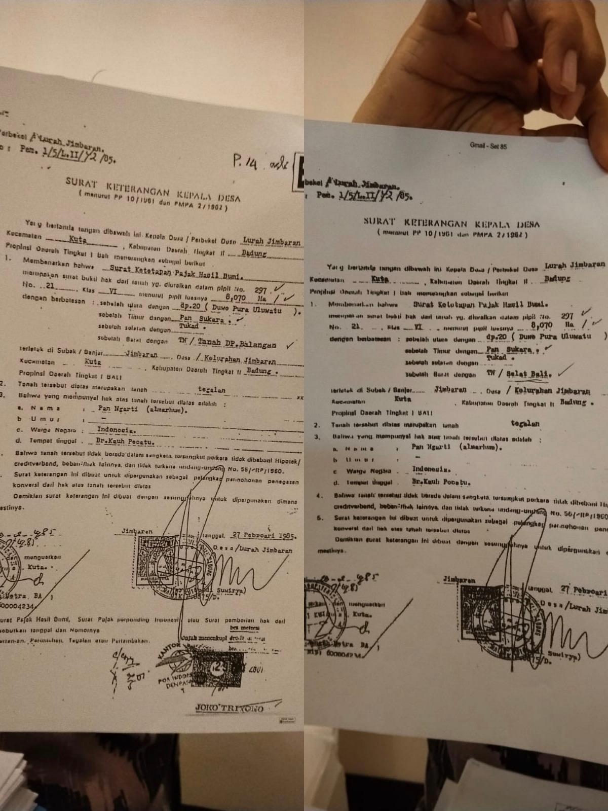 Surat Sertifikat - Kasus Kakanwil BPN Bali, GPS Bongkar Fakta Baru, Surat Tahun 1985 Diduga Ada Pemalsuan