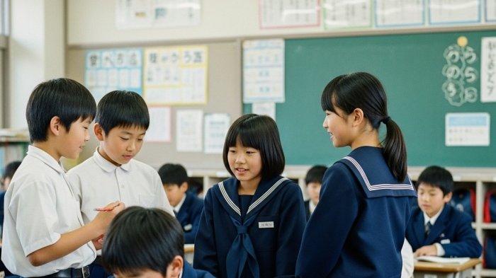 ILUSTRASI GAMBAR AI- Anak sekolah di Jepang saat belajar di sekolah.Kebiasaan ini disiplin, tepat waktu dan tanggung jawab telah terawat sejak dahulu, sehingga tidak dapat dipungkiri kemajuan negara ini sangat luar biasa.Memiliki solidaritas, kekompakan dan kolaborasi merupakan kekuatan besar bagi masyarakat di Jepang.