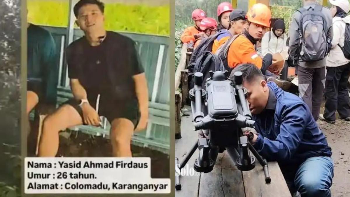 TERJUNKAN DRONE - Penampakan pesawat drone yang dikerahkan untuk mencari keberadaan Yazid Ahmad Firdaus (26) warga Desa Gawanan, Kecamatan Colomadu, Kabupaten Karanganyar di Bukit Mongkrang, Rabu (21/1/2026). Yazid dilaporkan hilang sejak Minggu (20/1/2026) malam setelah mendaki Bukit Mongkrang bersama 3 rekannya.