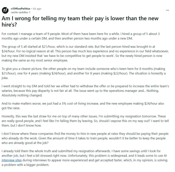 Manager quits over unfair salaries, Reddit divided on revealing pay