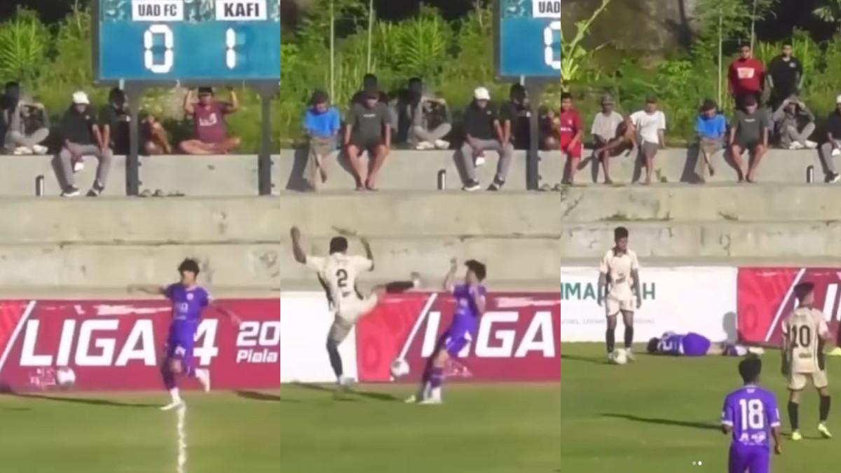 TENDANGAN KUNGFU - Aksi kotor permainan sepak bola terjadi dalam duel Kafi Jogja FC vs UAD FC, di Lapangan Sitimulyo, Piyungan, Bantul, Yogyakarta Selasa (6/1/2026).