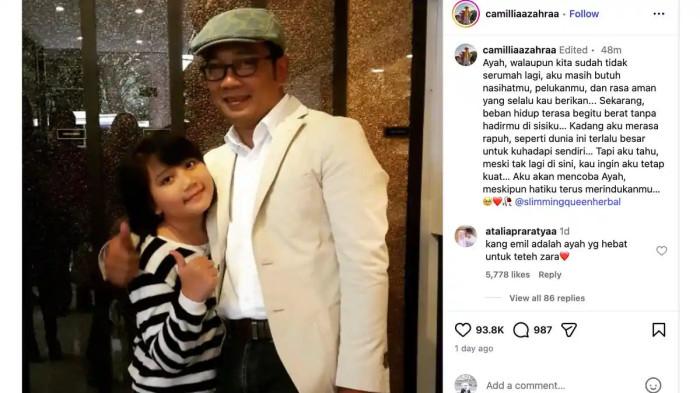 unggahan berisi curhatan Camillia Laetitia Azzahra (Zahra) merindukan Ridwan Kamil
