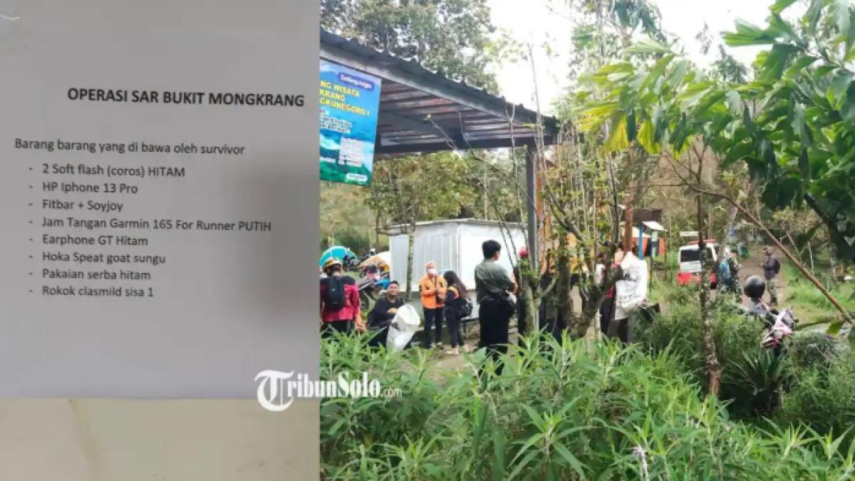 PENDAKI HILANG DI MONGKRANG - Tim SAR merilis barang yang dibawa dan pakaian yang dikenakan oleh Yazid Ahmad Firdaus (26), warga Perum Angsana, Desa Gawanan, Kecamatan Colomadu, Kabupaten Karanganyar, dilaporkan hilang saat mendaki Bukit Mongkrang pada Minggu (18/1/2026).