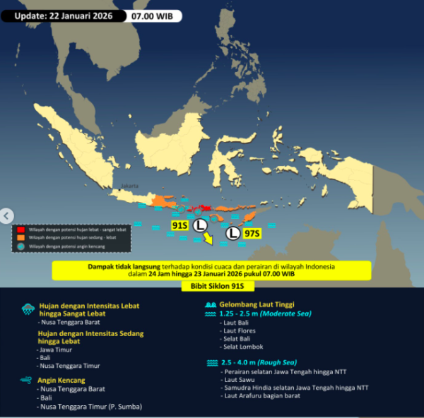 Bibit Siklon Tropis 22 Januari 2026 mempenaruhi cuaca Indonesia Foto: Dok. BMKG
