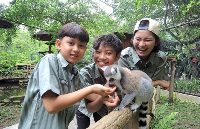 WISATA JOGJA - Pengunjung tengah berinteraksi dengan satwa di Gembira Loka Zoo, Kamis (17/4/2025). Gembira Loka Zoo bisa menjadi tempat wisata pilihan untuk menikmati liburan dengan tiket masuk terjangkau.