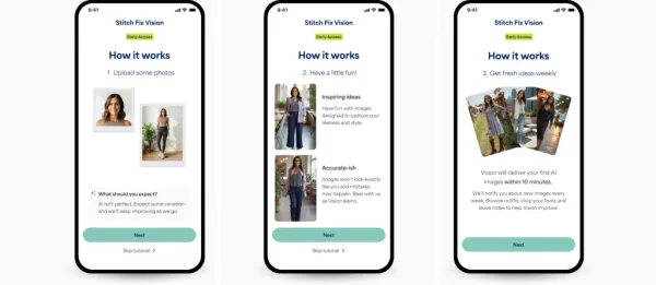 Collage of three smartphone screens showing steps for the Stitch Fix Vision app.