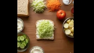 A slice of whole wheat bread spread with cheese and topped with finely chopped green cabbage, placed on a plate as the first layer of the sandwich.