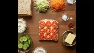 The fourth bread slice covered with butter and layered with fresh round tomato slices on top.