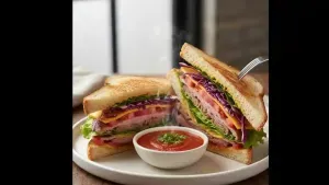 The Rambo sandwich cut diagonally and served hot with sauce on the side, ready to eat.