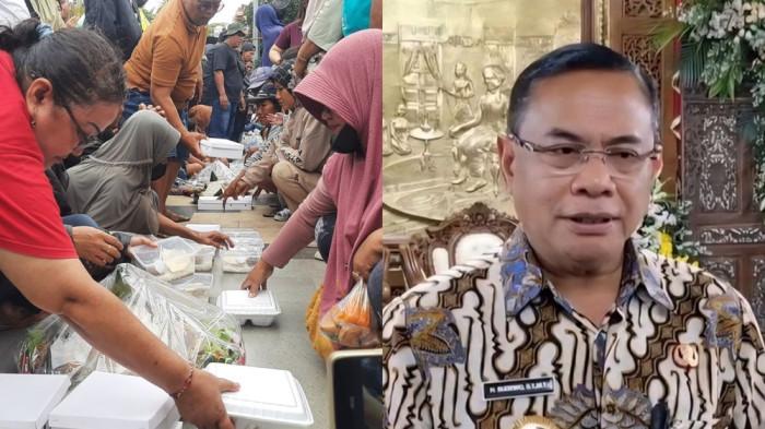 BUPATI SUDEWO TERSANGKA - Momen ribuan warga Pati mengrumuni makanan yang telah disiapkan untuk syukuran di Alun-alun Simpang Lima Pati usai Bupati Pati Sudewo ditetapkan sebagai tersangka oleh KPK, Jumat (23/1/2026) dan potret Bupati Sudewo.