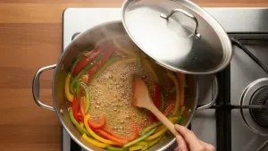 Cooking bell peppers in a covered pan