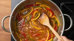 Bell peppers simmering in sauce