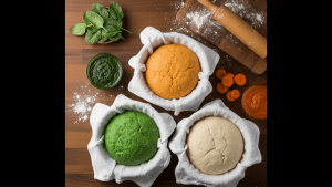 Three portions of wheat dough prepared in tricolor shades—green spinach dough, saffron carrot or beetroot dough, and plain white dough resting in bowls.