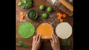Thin round parathas rolled out from green, saffron, and white dough using a rolling pin.