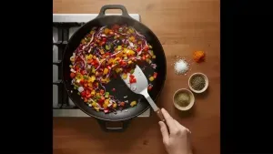 Fresh chopped vegetables being sautéed with mild spices in a pan to prepare stuffing.