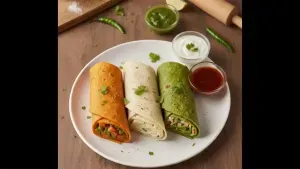 Tricolor paratha rolls served together on a plate with green chutney and sauce
