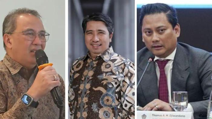 KANDIDAT - (kiri) Dicky Kartikoyono. (tengah) Solikin M. Juhro. (kanan) Wakil Menteri Keuangan II Thomas Djiwandono menyampaikan keterangan kepada wartawan di Kompleks Kemenkeu, Jakarta Pusat, Kamis (18/7/2024).