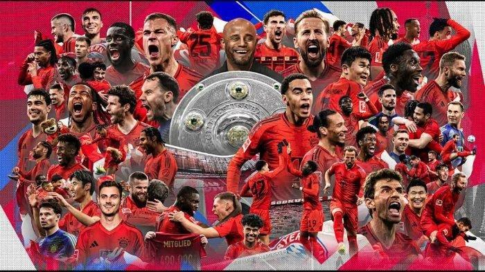 BAYERN MUNCHEN JUARA - Bayern Munchen resmi juara Liga Jerman Bundesliga 2024/2025 menyusul hasil imbang yang diraih Leverkusen atas Freiburg di Europa-Park Stadion, Minggu (4/5/2025) malam WIB.