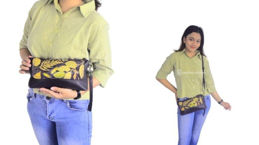 Tas Selempang Kulit Sapi Asli Motif Ecoprint