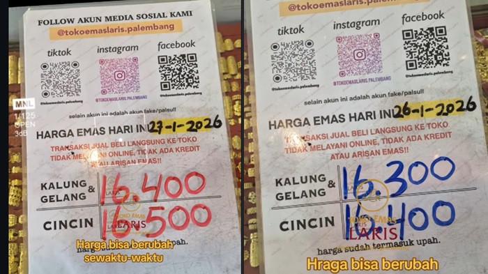 Harga Emas - Harga emas perhiasan di Palembang Selasa, 27 Januari 2026 kini tembus Rp16,5 Juta per Suku di Toko Emas Laris Palembang.