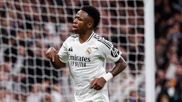 Selebrasi penyerang Real Madrid, Vinicius Jr saat melawan Salzburg pada pekan ketujuh Liga Champions, Kamis (23/1/2025) dini hari WIB.