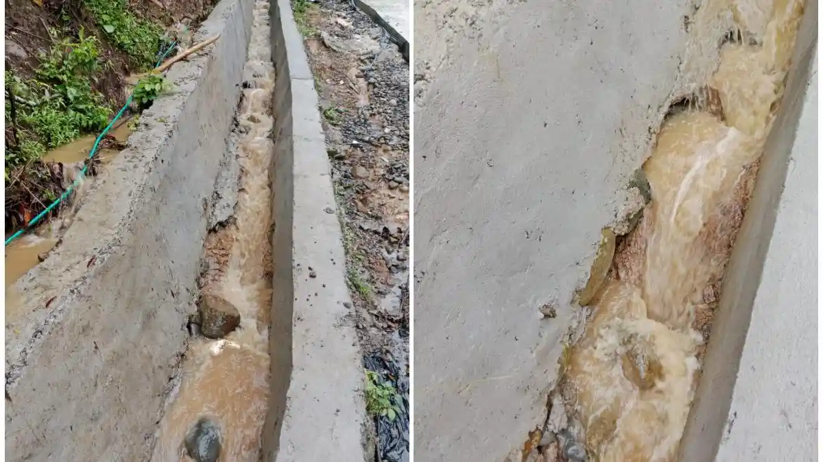 Kondisi drainase jalan beton Dusun Kantisang Tompobulu, Kabupaten Maros, sudah rusak, Kamis (22/1/2026). Paket proyek drainase jadi sorotan warga karena belum sebulan setelah diresmikan, tapi sudah rusak.