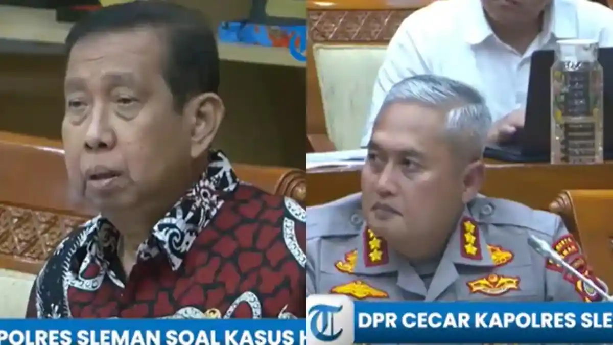 DICECAR - Kapolres Sleman Kombes Pol Edy Setyanto Erning Wibowo (kanan) mendapat cecaran dari anggota Komisi III DPR RI, Safaruddin (kiri), saat rapat kerja di Kompleks Parlemen. Kombes Pol Edy Setyanto terlihat beberapa kali terbata-bata saat menjawab pertanyaan Safaruddin, termasuk ketika ditanya mengenai dasar hukum KUHP yang berlaku, Rabu (28/1/2026).