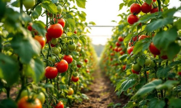 This may contain: tomatoes growing on the vine in an open field