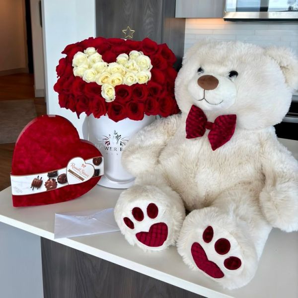 This contains: Rose Box, Chocolates & Plush Bear Bundle