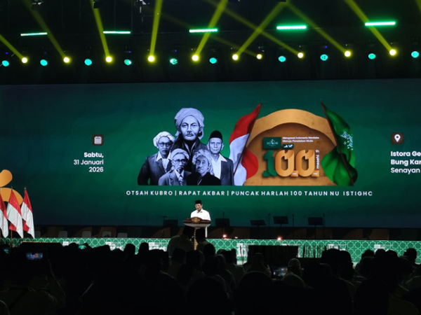 Menteri Agama (Menag) Nasaruddin Umar saat berikan sambutan pada acara puncak Harlah ke-100 NU di Istora Senayan, Jakarta pada Sabtu (31/1/2026). Foto: Luthfi Humam/kumparan