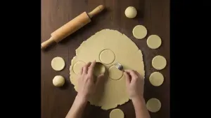 Thin rolled buckwheat dough cut into small round discs using a cutter and pricked with a fork to prevent puffing.