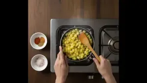 Boiled potato cubes sautéed with cumin, spices, and rock salt to make spicy potato filling.
