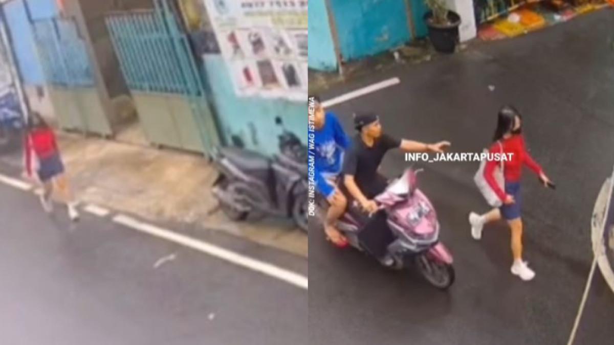 KASUS PENJAMBRETAN - Seorang wanita berbaju merah menjadi korban penjambretan di Jalan Cempaka Putih Utara, Kemayoran, Jakarta Pusat. Pelaku jambret mengendarai motor.