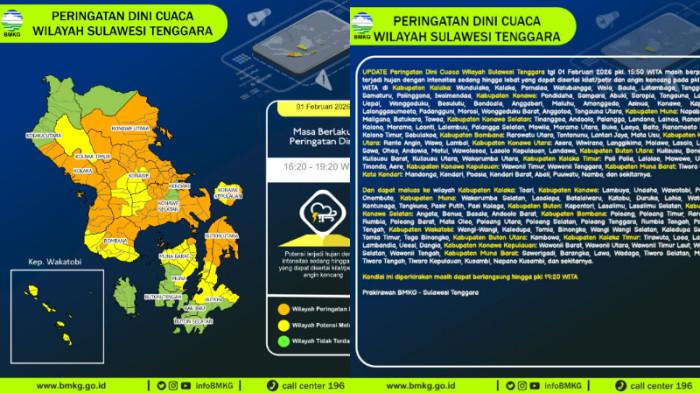 CUACA SULAWESI TENGGARA - Berikut peringatan dini cuaca Sulawesi Tenggara (Sultra), Minggu (01/02/2026) petang hingga malam ini. Peringatan dini hujan sedang hingga lebat yang dapat disertai petir dan angin kencang di sejumlah wilayah Provinsi Sultra disampaikan Badan Meteorologi, Klimatologi, dan Geofisika (BMKG).(Laman BMKG)